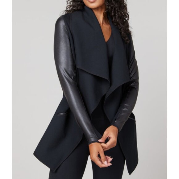 SPANX Jackets & Blazers - Spanx Faux Leather Drape Front Jacket Very Black Edgy Motorcycle Leather Coat S